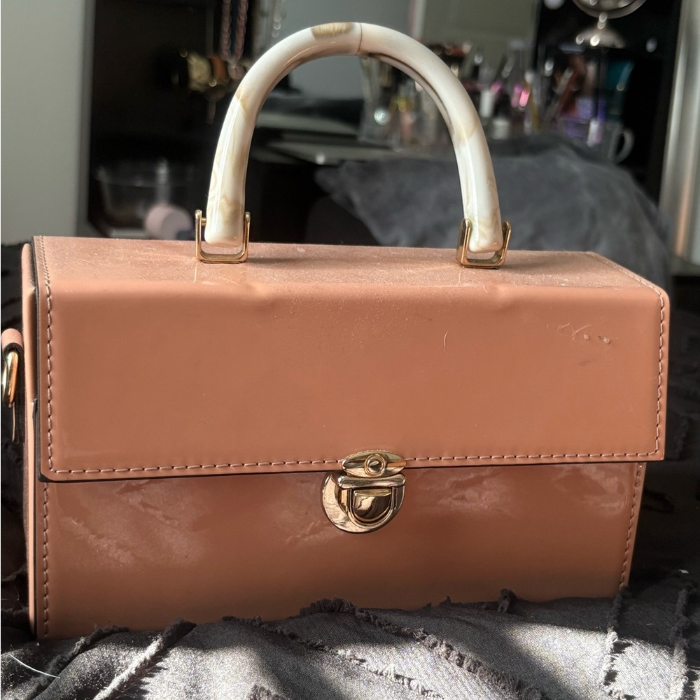 Chic Peach Box Handbag with Gold Accents